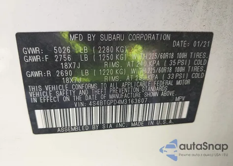 2021 Subaru Outback Touring Xt z USA, uszkodzony, nr VIN 4S4BTGPD4M3163607